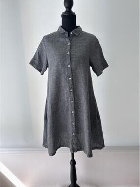 Tahari 100% Linen Shirt Dress Gray Button Front Short Sleeve M